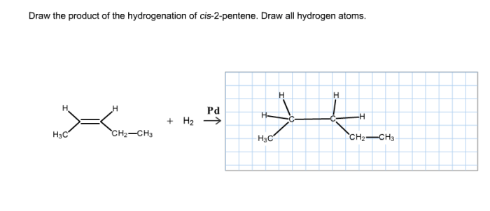 Draw the product of hydrogenation of cis 2 pentene